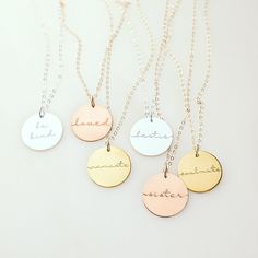 "Be inspiring with your jewelry with words like namaste, be kind, and mama! Wear an inspirational word from our many designs on this disc necklace. Jewelry can be personalized in our beautiful and high-quality silver, gold, or rose gold disk. You can engrave the back side with your kids names, significant dates, or a short phrase. Choose from one of our designs or your favorite font style, metal, necklace length, and chain style to make this completely your own! Perfect for gift giving for any h Customizable Minimalist Rose Gold Charm Necklace, Customizable Minimalist Rose Gold Necklace, Minimalist Customizable Rose Gold Necklace, Minimalist Custom Name Charm Necklace In Rose Gold, Minimalist Customizable Charm Necklace For Mom, Minimalist Rose Gold Name Necklace As Gift For Mom, Minimalist Rose Gold Name Necklace For Mom, Minimalist Rose Gold Custom Name Charm Necklace, Minimalist Hand Stamped Necklace For Mom