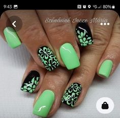 Fun Green Nails, Summer Flower Nail Designs, Nail Polish Ideas Easy, Summer Gel Nails, Finger Nail Art, Leopard Nails, Pretty Nail Art Designs, Black Nail, Beach Nails