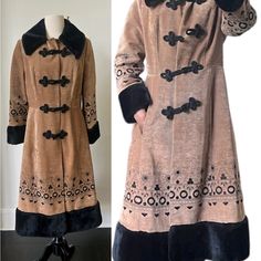 Vintage Bohemian Faux Fur Embroidered Coat 1970’s Tan And Black Boho Fur Coat 70’s Hippie Deadstock Penny Lane Coat. In Good Condition, But There Are Faint Discolorations On The Sleeve And On The Front, As Pictured Above. The Item Still Has An Original Tag From The 1970’s! No Size Listed But Would Best Fit An Xs/S. Measurements Are As Follows: Shoulders: 16 Inches Chest: 36 Inches Waist: 32 Inches Length: 46 Inches Sleeves: 23 Inches Retro Embroidered Fall Outerwear, Retro Embroidered Winter Outerwear, Vintage Brown Embroidered Outerwear, Fitted Embroidered Vintage Outerwear, 1970s Fitted Winter Outerwear, Vintage Spring Outerwear With Faux Fur Trim, 1970s Winter Outerwear With Buttons, Vintage Embroidered Winter Outerwear, Penny Lane Coat