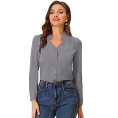 This shirt is elegant and charming for workwear or a day-to-night look, with a cut-out v-neck and unique shoulder details. No-see-through chiffon fabric and stylish v-neck make it a perfect choice for work, office, and daily wear. Pair this work office shirt with a pencil skirt, work pants, or casual jeans. The return of a classic, this button-up shirt is cut from in a chiffon sateen in an always flattering fit-and-flare silhouette. Model Body Size: Height: 5'9", Chest: 33 inches, Waist: 24 inch Elegant Gray Top With Button Closure, Semi-formal Solid V-neck Top, Elegant Gray Tops For Business Casual, Gray Button-up Top For Work, Formal Solid V-neck Shirt, Formal V-neck Shirt, Formal Gray Button-up Top, Elegant Gray Blouse For Workwear, V-neck Office Lady Shirt For Office Wear