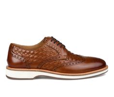 Upgrade your shoe game with the Radcliff wide-width lace-up dress shoes from Thomas & Vine. The woven leather accents and round-toe design give off a laid-back yet business-casual look. The 8 mm Tru Comfort Foam™ insole keeps your feet comfortable for those office days down to a dinner event - while the comfort outsole adds just a little more. These dress shoes keep you looking sharp and feeling comfortable when pairing them with chinos and a dress shirt for a polished and casual look that's sur Brown Oxfords With Perforated Toe For Business Casual, Spring Wingtip Leather Shoes With Textured Sole, Brown Plain Toe Lace-up Shoes For Spring, Semi-formal Spring Lace-up Shoes With Brogue Detailing, Wingtip Lace-up Shoes For Semi-formal Spring Events, Brown Leather Shoes With Perforated Toe For Business Casual, Semi-formal Brown Oxfords With Textured Sole, Brown Business Casual Dress Shoes With Perforated Toe, Brown Dress Shoes With Perforated Toe For Business Casual