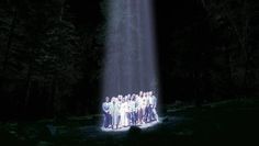 a group of people standing in front of a light beam on a dark forest floor