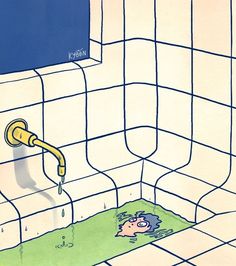 a cartoon drawing of a woman in the bathtub with water coming out of her mouth