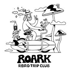 the roar radio logo with an image of a man on a bike and mushrooms in the background