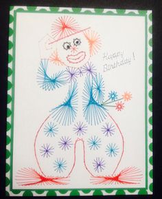 a birthday card with a drawing of a clown on it's face and fireworks coming out of his mouth