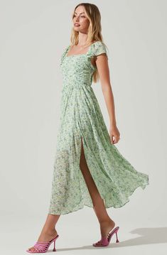 Luisa Floral Flutter Sleeve Midi Dress فستان زهري, Holiday Fabric, Pleated Bodice, Green Floral Dress, Midi Length Skirts, Mid Length Skirts, Green Midi Dress, Midi Dress With Sleeves, Mid Length Dresses