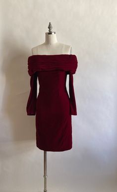 "1980s rich cherry red velvet off the shoulder long sleeve wiggle dress by ZumZum.  Dress zips up in the back and finishes with a hook and eye closure. Bodice is lined in acetate; skirt and sleeves are not lined. In excellent condition. 69% acetate 16% rayon 15% nylon Shoulder to shoulder 19\" across Chest 34\" Waist 26.5\" Hips 34\" Length from top of shoulder to hem 34\" Arm length from armpit to cuff 17\"" Red Party Dress Short, Masquerade Ball Outfit, Cherry Red Dress, Dress Png, Birthday Things, Dark Red Dresses, Red Dress Long, Red Long Sleeve Dress, Red Sweater Dress