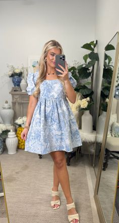 Blue Toile Puff Sleeve Mini Dress Blue Puffed Sleeve Dress, French Toile Dress, Conservative Hoco Dresses, Cute Dresses Puff Sleeve, Hoco Dress Puffy Sleeves, Mormon Hoco Dresses, Puffy Sundress, Cute Church Dresses For Teens, Cute Dresses With Sleeves