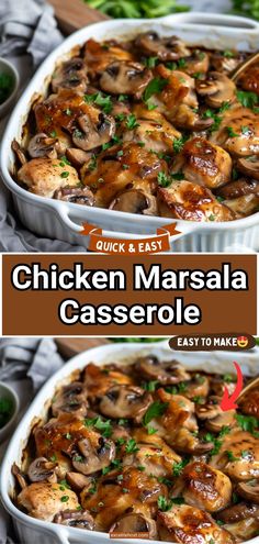 chicken marsala casserole in a white dish with parsley on the side