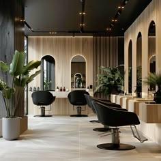 a salon with chairs, mirrors and plants on the wall in front of it's windows