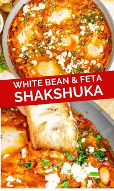 white bean and feta shakshuka in a skillet with text overlay