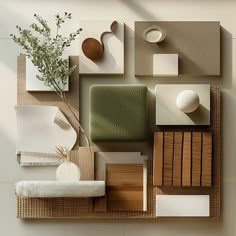 an arrangement of furniture and accessories arranged on a wall