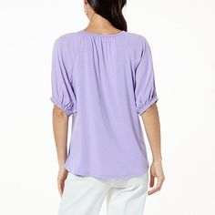 DG2 by Diane Gilman Shirttail-Hem Combo Tee  With its flowy fit and shirttail hem, this combo peasant top finds the right balance between Boho and chic. Versatile Spring T-shirt For Casual Gatherings, Spring T-shirt For Casual Gatherings With Shirttail Hem, Spring Blouse For Layering With Shirttail Hem, Spring Casual T-shirt With Shirttail Hem, Solid Shirt For Spring Layering, Chic Rayon Tops With Shirttail Hem, Versatile Purple Top For Spring, Purple Top For Spring Layering, Casual Rayon Blouse For Layering