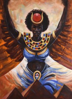 a painting of an african woman with wings and a red ball on her head,