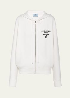 Prada Cashmere Zip-Up Sweatshirt with Logo Detail Luxury Cotton Crew Neck Sweatshirt, Luxury Cotton Sweatshirt For Fall, Luxury Cotton Sweatshirt With Embroidered Logo, White Tops With Logo For Fall, White Tops With Logo Detail For Fall, Luxury Logo Tops For Fall, Luxury Tops With Logo Detail For Fall, Luxury Logo Detail Tops For Fall, Luxury Long Sleeve Tops With Embroidered Logo