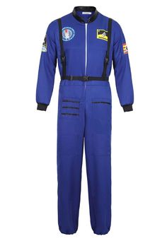 a blue jumpsuit with patches on the chest and two zippers at the waist