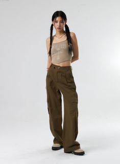 Diagonal Waist Cargo Pants IS322 - Acubi style | LEWKIN Baggy Straight Utility Cargo Pants, Baggy Utility Cargo Pants, Khaki High-waisted Cargo Parachute Pants, Trendy Khaki Straight Leg Cargo Pants, Urban Khaki Straight Cargo Pants, Urban Wide-leg Cargo Parachute Pants, Urban Straight Khaki Cargo Pants, Trendy Baggy Khaki Wide Leg Pants, Urban Cargo Style Wide-leg Parachute Pants