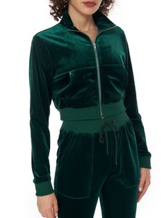 a woman wearing a green velvet jacket and pants Green Long Sleeve Cropped Jacket For Fall, Fitted Green Track Jacket For Winter, Trendy Fitted Track Jacket For Fall, Textile Waste, Trendy Clothes For Women, Zip Up Jacket, Cider, Women Clothing, Clothing Accessories