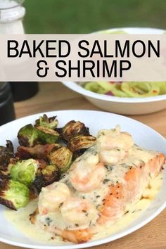 baked salmon and shrimp served with brussel sprouts