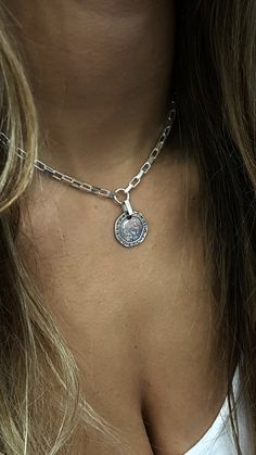 "A beautiful necklace made of rectangular links made of STERLING SILVER 925 with a coin pendant. The necklace is inspired by the boho-chic With touches of rock style. if you especially like street fashion then this necklace its, especially for you. SIZE long chain length: 13.8\" (35cm) up to 19.8\" (50cm) width& high coin: 0.98\" (2.5 cm) width chain : 0.11\" (0.3cm) A more sterling silver necklace design you can see in this link: https://etsy.me/2U0WxW7 ♦ This piece of jewelry is perfect fo Sliver Necklace, Chunky Silver Necklace, Silver Necklace Designs, Silver Link Necklace, Silver Coin Necklace, Necklace Chunky, Brick Patterns, Medallion Necklace, Link Chain Necklace