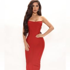 Nwt: Bandage Midi Tube Dress. Stretch Back Zipper 90% Polyester, 10% Spandex Pictures Depict True Color Red Midi-length Elastane Dress, Red Midi Length Elastane Dress, Red Stretch Strapless Mini Dress, Red Strapless Stretch Maxi Dress, Red Knee-length Elastane Dress, Red Strapless Sleeveless Bodycon Dress, Red Stretch Bandage Dress, Stretch Bandage Midi Dress For Date Night, Red Stretch Strapless Dress For Evening