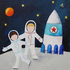 Cici Art Factory Wit & Whimsy Brothers on the Moon Giclee Canvas Art Man On Moon, Art Pictures Ideas, Personalized Canvas Art, Map Canvas Art, Art Factory, Moon Wall Art, Stretched Canvas Wall Art, Man On The Moon, Tree Wall Decal