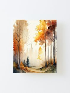 a watercolor painting of a forest with trees in the fall and yellow leaves on the ground