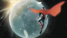 a man flying through the air while wearing a red cape and standing on top of a moon