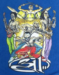 a blue t - shirt with an image of the band's members on it