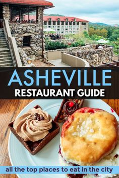 an advertisement for the ashsville restaurant guide on a plate with desserts and coffee