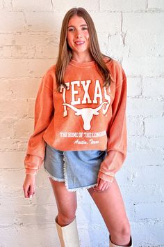 UT Mascot Cord Sweatshirt Texas Longhorns Game Day Outfit, Fall Season Team Logo Sweatshirt, Oversized Orange Casual Sweatshirt, Fan Apparel Top With Team Logo For Fall, Fan Apparel Tops With Team Logo For Fall, Fall Fan Apparel Top With Team Logo, Collegiate Cotton Sweatshirt With Team Logo, Team-colored Fall Sweatshirt With Team Logo, Team-colored Sweatshirt With Team Logo For Fall