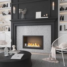 a living room with a fire place in the center and bookshelves behind it