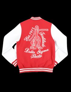 a red and white jacket with the words delta gyms on it