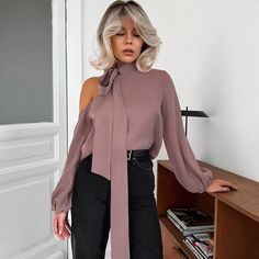 Made from 100% polyester, this women's satin asymmetrical neckline sexy off-shoulder long sleeve shirt offers ultimate comfort and a silky touch. The asymmetrical neckline design paired with an off-shoulder look adds a touch of sexiness and fashion. Decorative satin ribbons enhance the overall sophistication and elegance of the shirt. Whether for everyday wear, casual outings, vacations, or office commutes, this shirt is easy to style. Suitable for spring, summer, and autumn, it is a must-have i Collar Shirts Women, Silver Sequin Top, Autumn Design, Cutout Top, Bandage Midi Dress, Neckline Designs, Pink Dark, Cut Out Top, Puff Sleeve Dresses