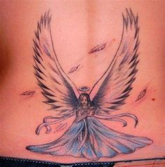 an angel tattoo on the back of a woman's lower back, with blue and white wings