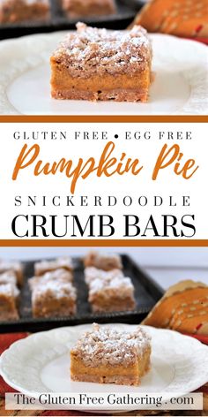 pumpkin pie crumb bars on a plate with text overlay that reads gluen and egg free pumpkin pie crumb bars