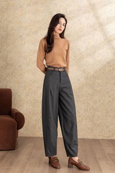 ★★ Welcome to my Ylistyle's shop！！！ This womens grey harem wool pants, features a waist-cinching design to perfectly show off your figure.  The wide leg pants can well show your elegant temperament and taste. Every detail of the wool pants is handled very well. ★★FEATURES 30% wool, other fiber,nylon Polyester lining Two side pockets Front button and zipper closure Long pants Harem wool pants Wide leg pants Loose pants Casual pants, daily pants Autumn winter wool pants Dry clean ★★ The model's height approx 170 cm (5′ 7″) with the 84 cm (33") bust, 66 cm (26") waist. She is wearing the wool pants in size XS (US2) ★★ Please select custom order according to the follow situation Can't find your size Your height is over 175cm Your weight is over 75kg Request Length custom Request sleeve length Solid Wide Leg Winter Pants, Solid Color Wide Leg Winter Pants, Business Casual Wide Leg Pants With Pockets For Winter, Fall Baggy Straight Leg Dress Pants, Winter Workwear Ankle-length Pants, Ankle-length Pants For Winter Workwear, Wide Leg Wool Dress Pants For Fall, Winter Wide Leg Workwear Pants In Solid Color, Loosely Fitted Fall Dress Trousers