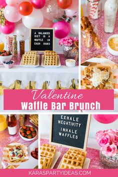 valentine's day brunch with pink balloons, waffles and drinks