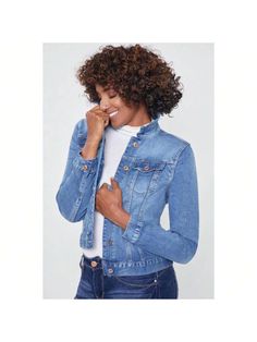 This Women's Denim Jacket is the perfect topper for breezy days and cool nights. It is endlessly versatile; you'll be wearing it all year-round. Pair with your favorite jeans and some sneakers for a classic look, or pair with a dress and booties for a chic look!

Product Details
- 6-Button Closure
- 2 Front Flap Pockets with Buttons
- Back Button Side Tabs

Size & Fit (based on size M)
- Sleeve Length: 25"
- Length: 23" 
- Chest: 19"
- Model is wearing a size S

Machine wash cold.

Tumble dry lo Trendy Stretch Denim Jacket With Long Sleeves, Trendy Stretch Denim Jacket With Pockets, Stretch Outerwear With Pockets For Everyday, Casual Spring Button-up Denim Jacket, Casual Button-up Denim Jacket For Spring, Casual Stretch Button-up Outerwear, Stretch Light Wash Denim Jacket, Trendy Stretch Button-up Outerwear, Casual Stretch Denim Jacket