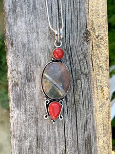 "Gorgeous, one-of-a-kind, big and long, multi gemstone pendant necklace: natural raw/rough Jasper, and red coral, set in 925 sterling silver plated over copper. 16\" inches long 925 solid sterling silver snake chain. Pendant size: 3\" x 1\" inches, approximately." Bloodstone Necklace, Chrysoprase Ring, Red Coral Necklace, Gemstone Pendant Necklace, Coral Pendant, Silver Snake Chain, Coral Necklace, Gemstone Necklace Pendant, Oxidized Silver