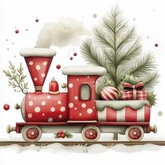 a red and white train with christmas decorations on it's side, next to a pine tree