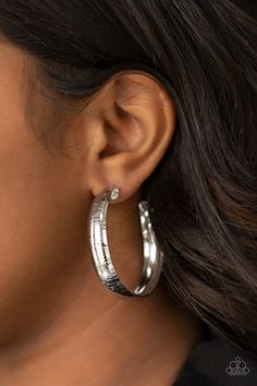 Etched in a shimmery linear pattern, a thick silver hoop curls around the ear for some classic edge. Earring attaches to a standard post fitting. Hoop measures approximately 2" in diameter.

 Sold as one pair of hoop earrings. Thick Gold Hoops, Thick Hoop Earrings, Nickel Free Jewelry, Linear Pattern, The Ear, Paparazzi Accessories, Jewelry Photography, Pretty Earrings, Copper Earrings