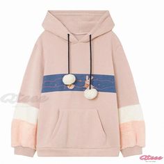 Qteee - Colorblock Rabbit Print Hoodie Trendy Winter Hoodie With Contrast Color, Pink Sporty Hooded Sweater, Sporty Pink Hooded Sweater, Winter Color Block Hoodie Sweatshirt, Hooded Color Block Sweater For Winter, Trendy Color Block Hooded Hoodie, Casual Fleece Sweatshirt With Contrast Color, Spring Crew Neck Patchwork Hoodie, Winter Color Block Cotton Hoodie