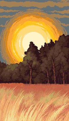 the sun is setting over some trees and tall grass in front of a field with tall grasses