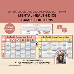 This bundle includes 11 different dice-based games that can be used in any counselling, therapy or mental health practice. These dice games are an innovative tool designed to get people talking (especially teenagers) and facilitate comfort. Make your clients feel safe and explore concerns in an engaging way. Tailored to address teen mental health challenges such as anxiety, anger, depression and eating disorders, this game integrates therapy questions that promote emotional regulation dealing wi Therapy Questions, Health Game, Therapy Games, Health Challenges, Health Practices, People Talking, Therapy Counseling, Group Therapy