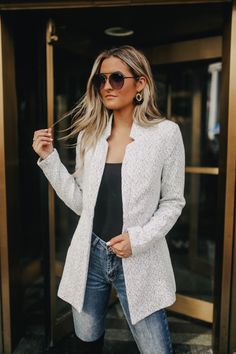 Open Front Herringbone Jacket - Grey/White – Magnolia Boutique Chic Spring Cardigan For Workwear, Trendy Office Cardigan For Fall, Casual Spring Office Cardigan, Versatile White Outerwear For Work, Trendy Business Casual Outerwear For Spring, White Business Casual Outerwear For Fall, White Spring Outerwear For Business Casual, Herringbone Jacket, Office Wardrobe