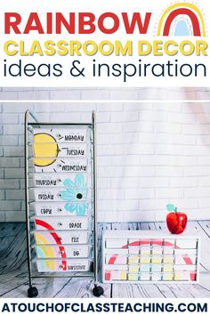 the rainbow classroom decor ideas and inspiration is displayed in front of a white brick wall