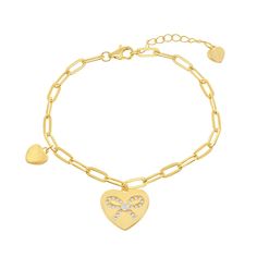 This lovely 14k gold over sterling silver heart bracelet is a must-add to your fine jewelry collection.This lovely 14k gold over sterling silver heart bracelet is a must-add to your fine jewelry collection.Click on this JEWELRY & WATCHES GUIDE to learn about fit, styles, materials and more! Length: 7.5 in. Metal: sterling silver Plating: 14k gold Finish: polished Additional details: cubic zirconia accents Packaging: boxed Gemstones may have been treated to enhance their appearance. Special care Gold Charm Bracelet With Lobster Clasp For Mother's Day, Gold Bracelets With Heart Pendant Charms, Yellow Gold Charm Bracelet With Heart For Anniversary, Adjustable Silver Heart Bracelet Gold Plated, Gold Charm Bracelet With Heart Charm For Mother's Day, Elegant Gold Charm Bracelet With Heart Charm, Gold Heart Bracelet With Charms For Mother's Day, Yellow Gold Heart-shaped Chain Bracelet With Charms, Yellow Gold Heart Chain Bracelet With Charms