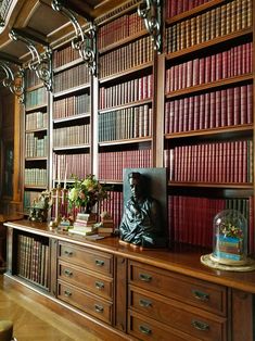 an old library with many books on the shelves and statues sitting on top of them