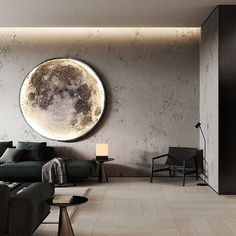 a living room filled with furniture and a large round painting on the wall above it